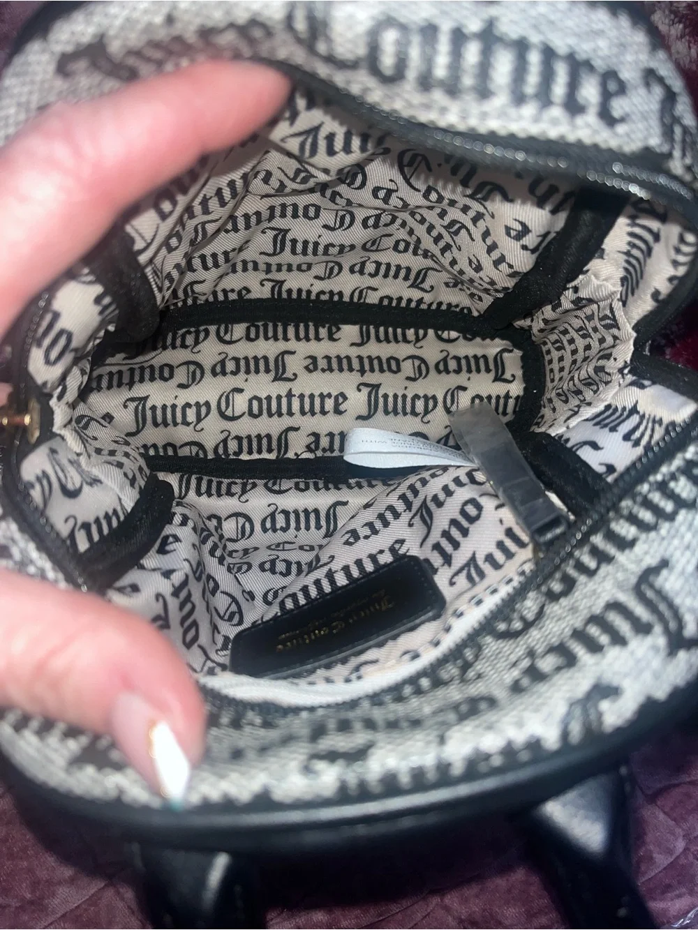 Juicy Couture Mini Backpack & Matching Wallet Black White Gothic Script EUC